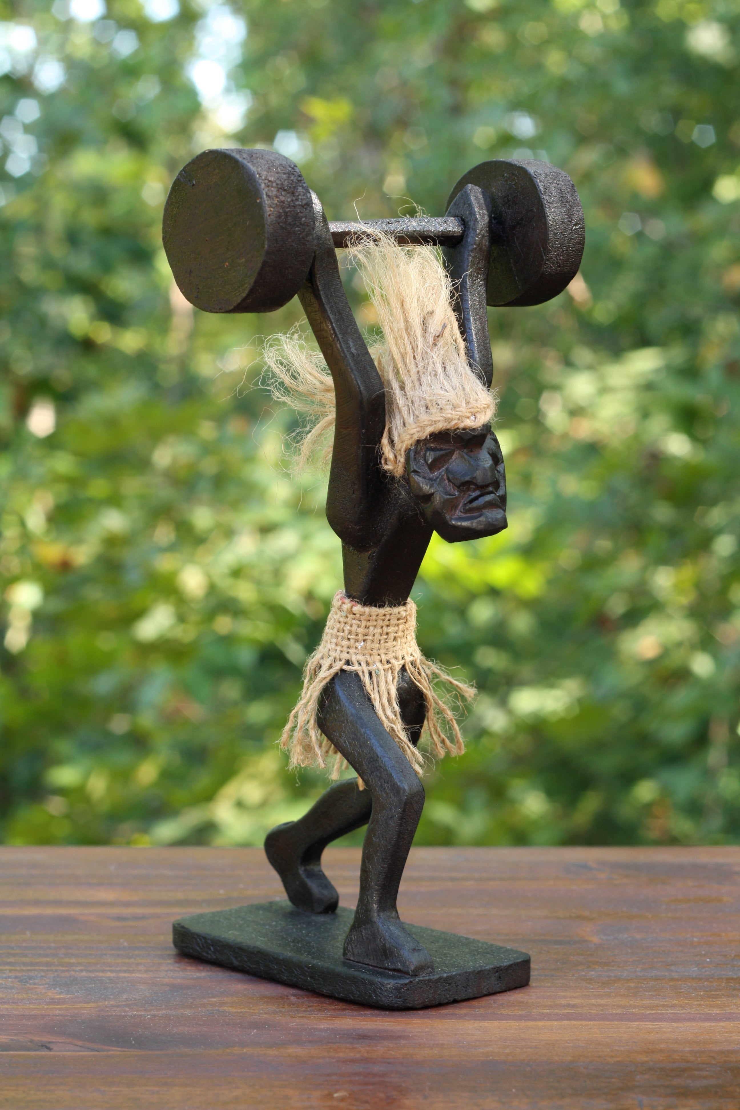 Wooden Primitive Tribal Statue Weightlifting  Tiki Bar Figurine Hand Carved Wood 