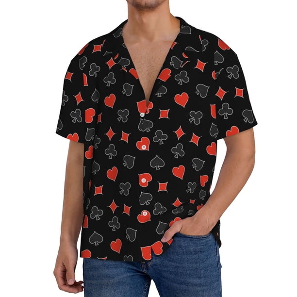 Balery Poker Creative Symbols Camisa Casual de Manga Corta con Botones para Hombre, Texturizada, Estilo Cubano, para Playa, Verano-XX-Large
