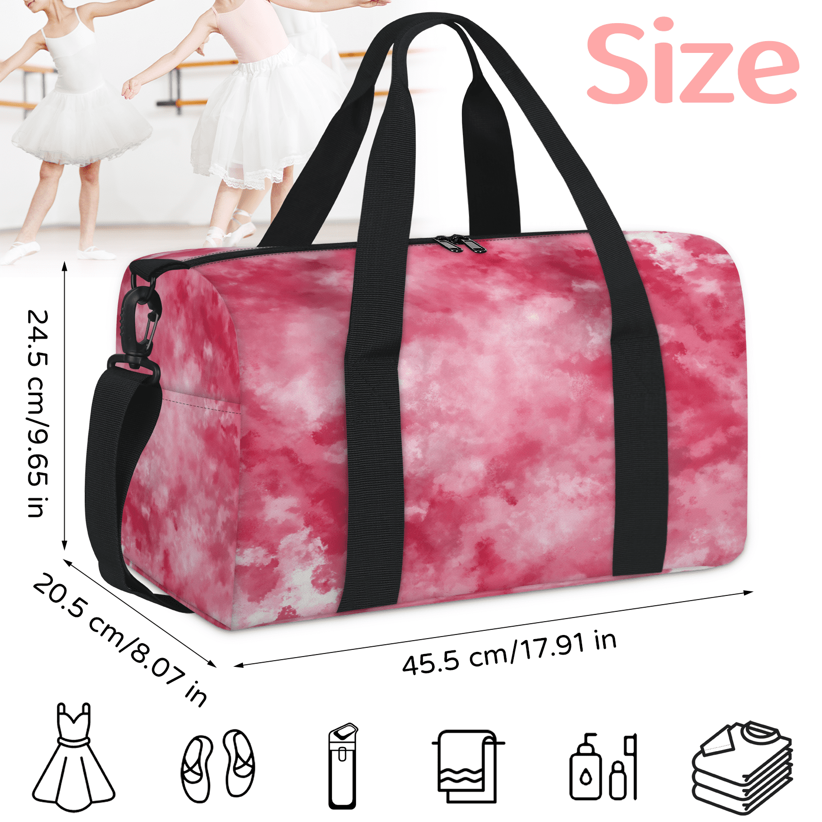 Herdesigns Tie Dye Gym Bag for Women, Duffle Bag for Travel Sport, Pink Lightweight Waterproof Carry on Weekender Dance Yoga Workout Bags