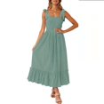 thumbnail image 2 of Mohiass Spring Dresses for Women 2024,Women's 2024 Summer Boho Spaghetti Strap Square Neck Solid Color Ruffle A Line Beach Long Maxi Dress Mint Green M, 2 of 7