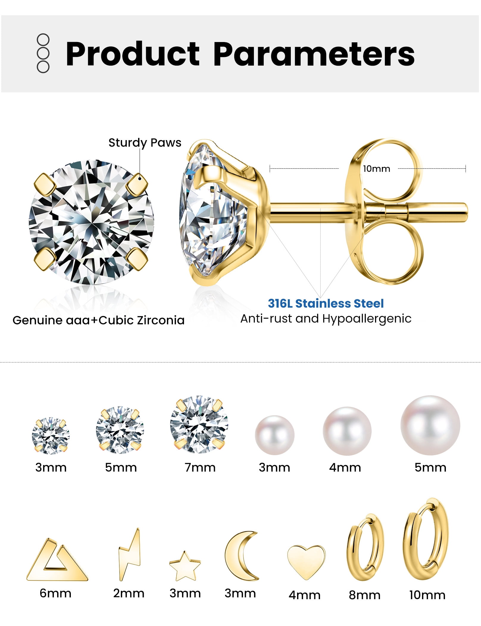 MDFUN Stainless Steel Stud Earrings Set - 5/6 Pairs, 316L Hypoallergenic, Cubic Zirconia 3-8mm, Gift Pouch - View #7