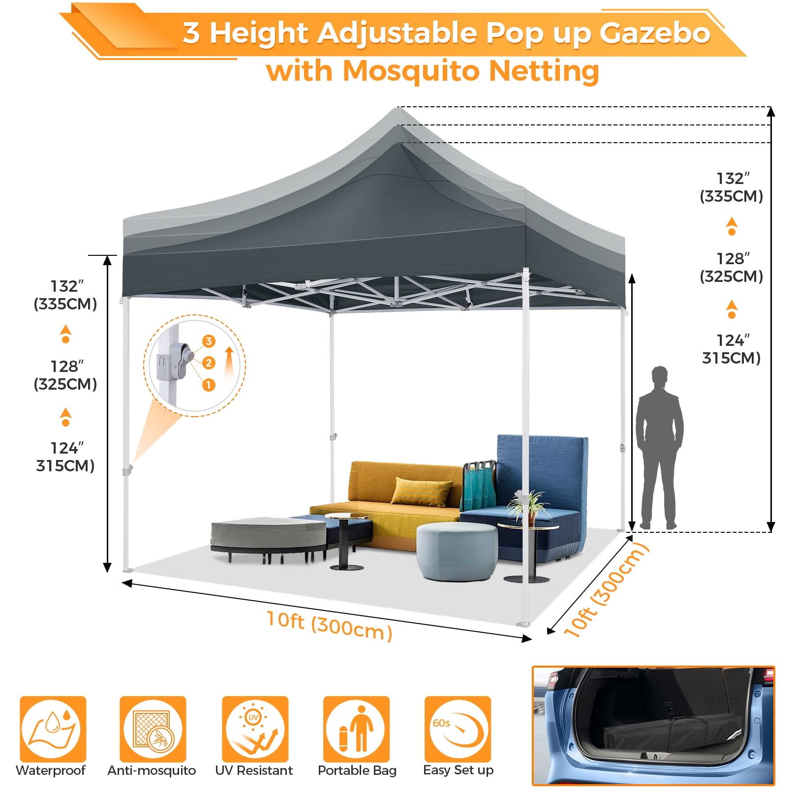 COBIZI 10x10 Heavy Duty Canopy, Pop Up Canopy Gazebo with Netting, Waterproof & Sunproof Party Tent with Mosquito Net, Outdoor Instant Canopy for Outside Party Backyard, Weddings, Birthdays, Gray