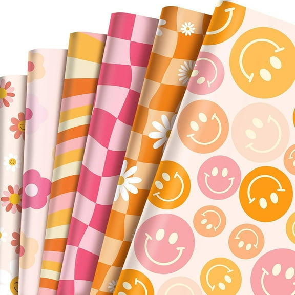 12 Sheets Boho Wrapping Paper Retro Gift Wrap Paper, Smiley Face Floral Daisy Pattern Wrapping Paper for Christmas Birthday Wedding DIY Crafts Gift Packing