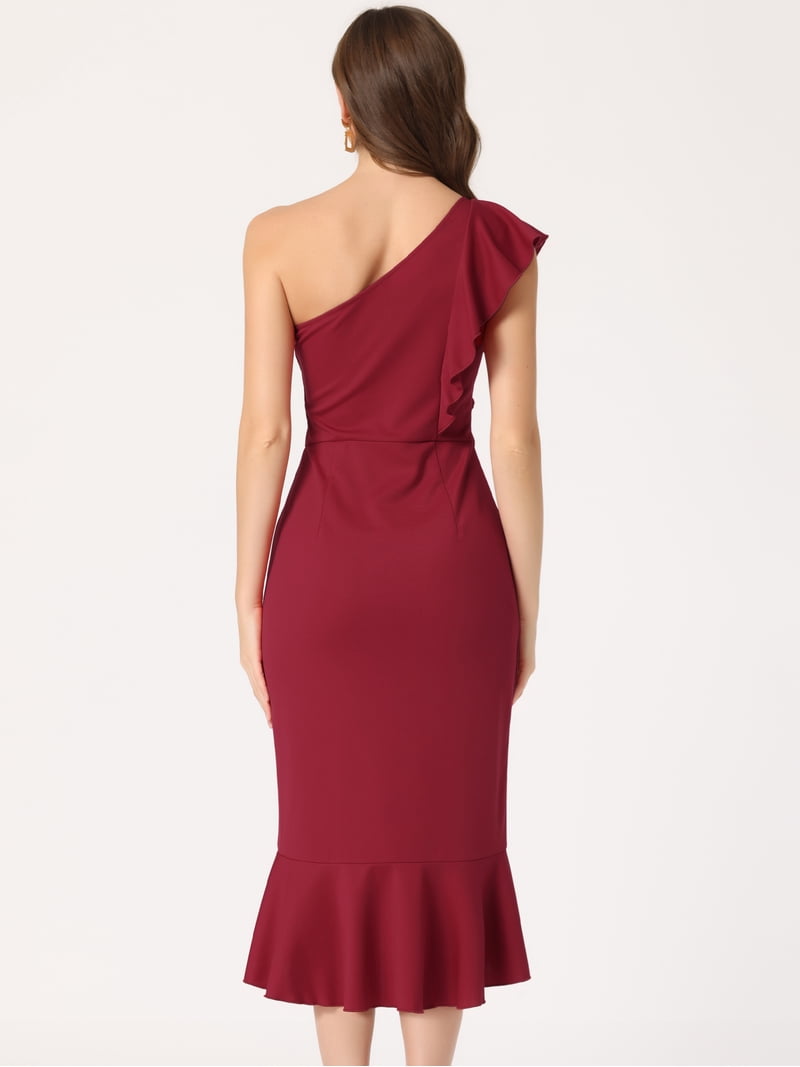 Unique Bargains Women's Midi Casual One Shoulder Mermaid Dress XL Red