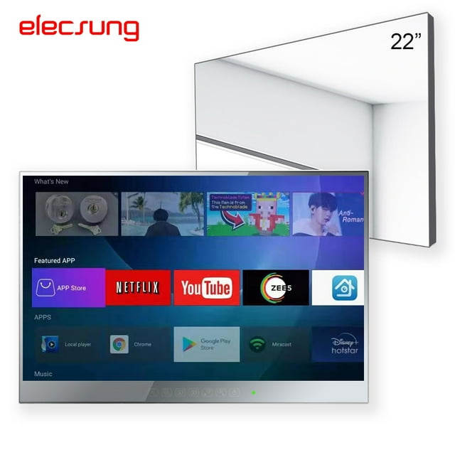 Elecsung Téléviseur Intelligent Android LED Étanche de Salle de Bain 22 Pouces Miroir ATSC Hôtel Télévision