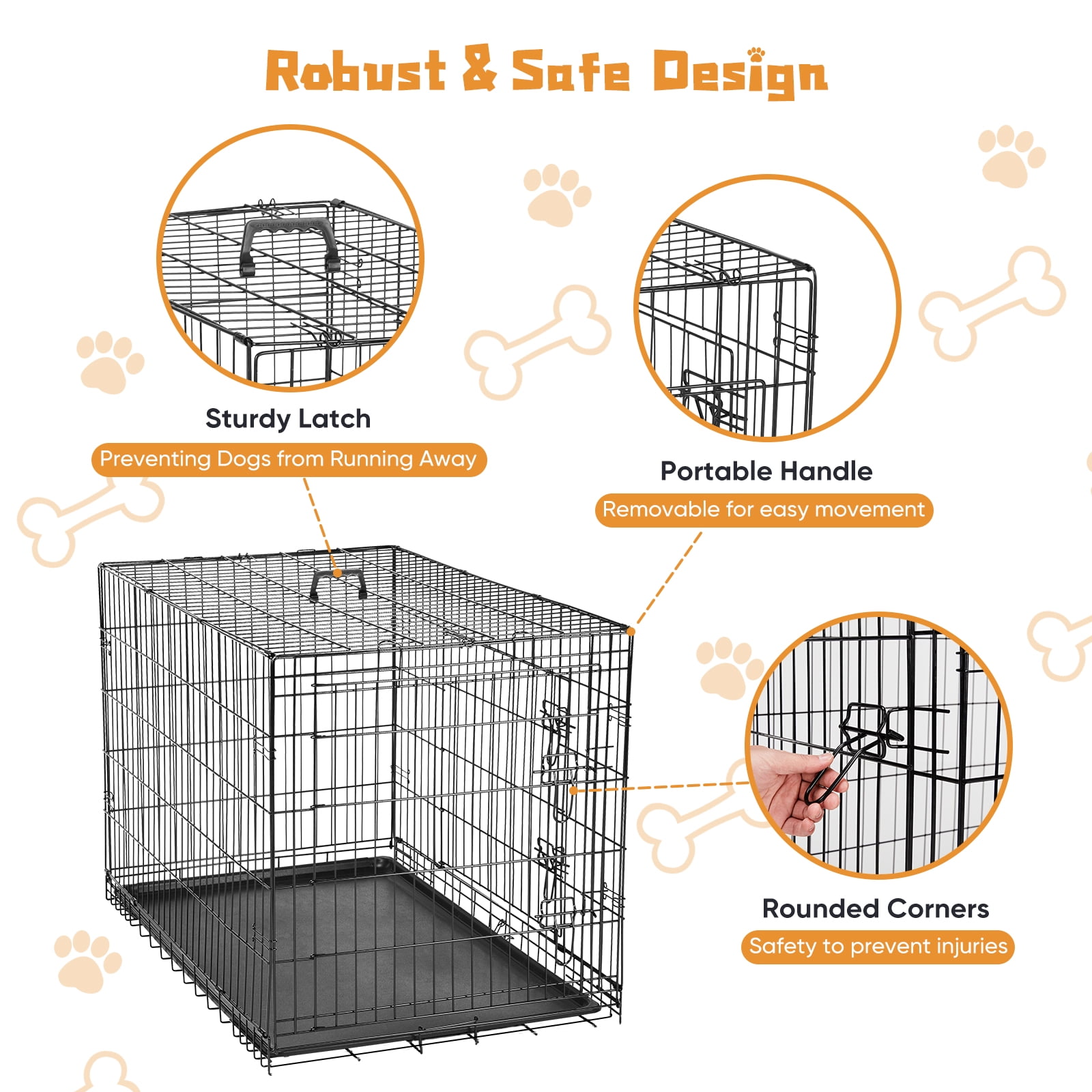 EDX Large Dog Crate with Divider Panel, 42" Double Door Folding Metal Wire Dog Cage with Plastic Leak-Proof Pan Tray