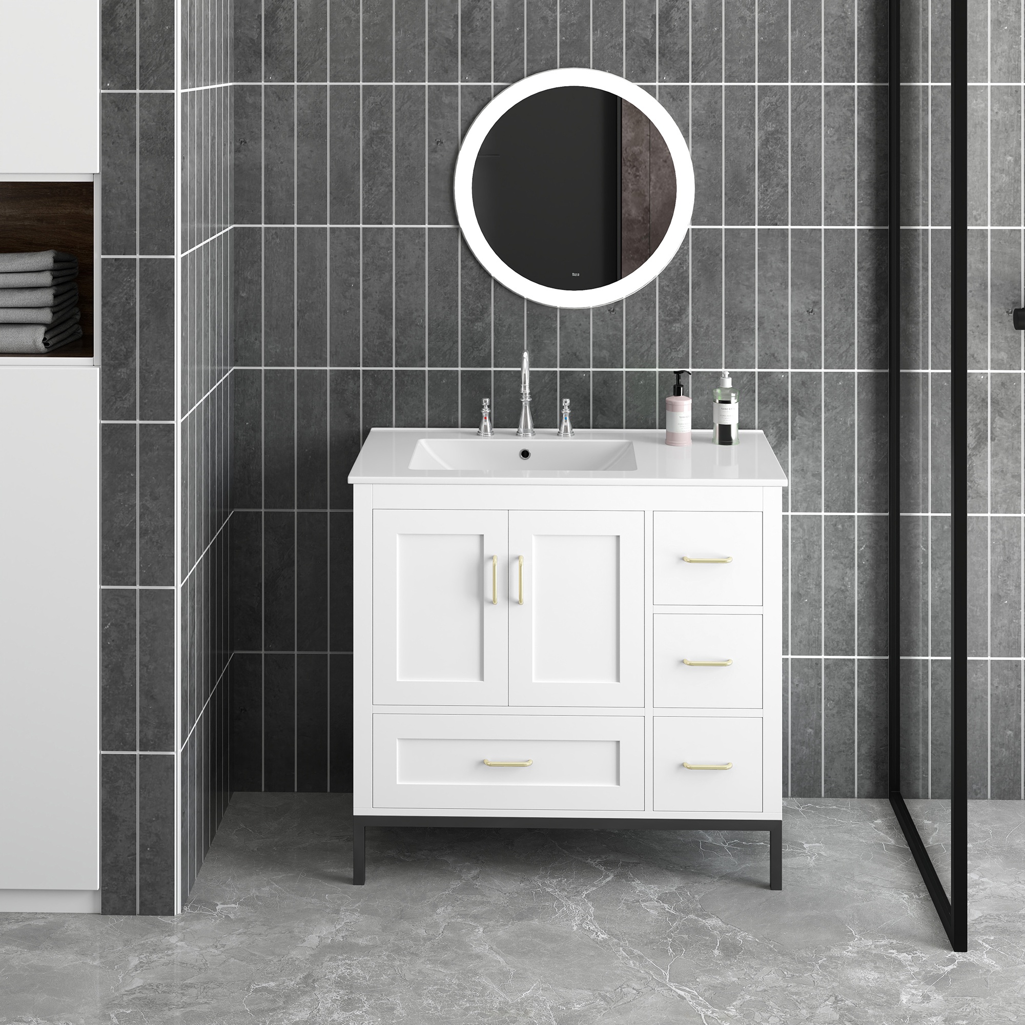 PORKISS Bathroom Vanity, Wooden Bathroom Vanity with Pedestal Under Sink, Freestanding Render Vanity with 2 Doors and 4 Drawers, Modern Vanity Cabinet for Bathroom, White