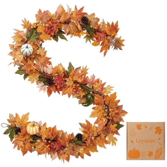 Leyaron Artificial Fall Maple Leaves Garland, 6 FT 30 LED String Lights Autumn Decorations for Home Party Thanksgiving Table Porch Fall Garlands Decor