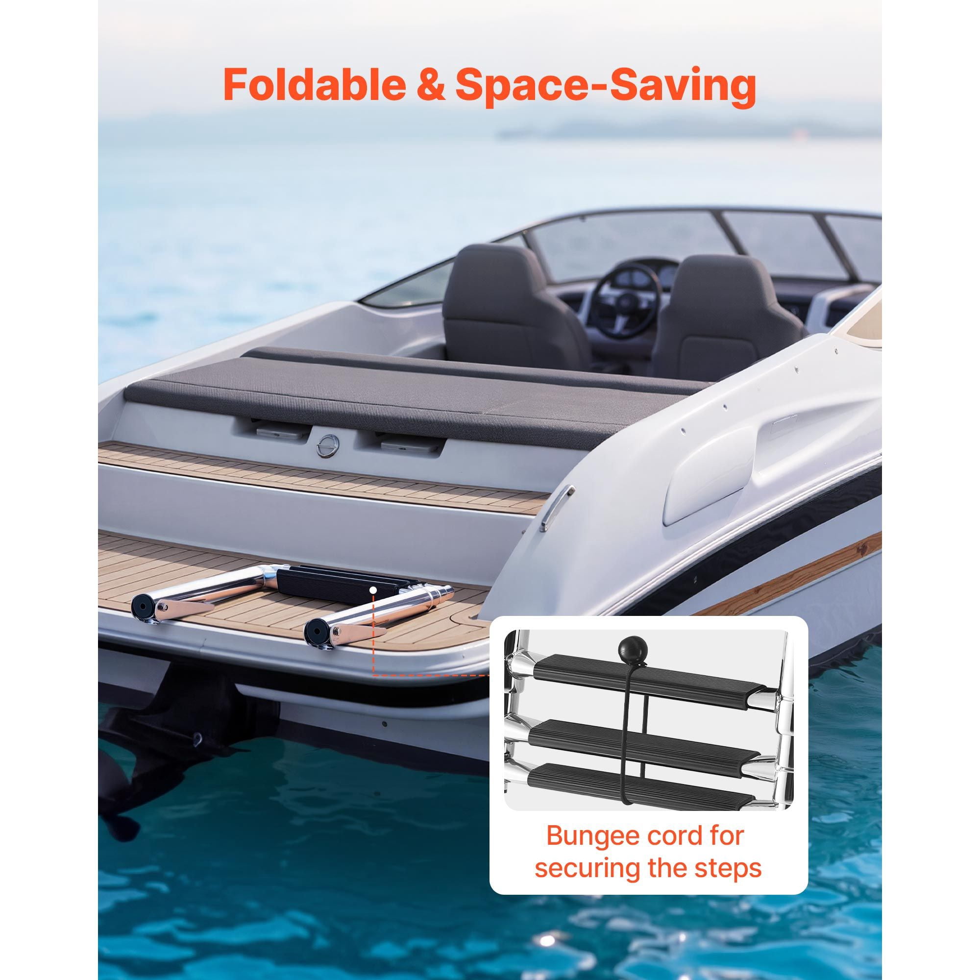3 Steps Boat Ladder, Stainless Steel Telescoping Folding Swim Deck Ladder for Rear Entry Inboard, Heavy Duty 600 lbs Capacity with Wide Anti-Slip Steps, for Outboards, Yacht, Pontoon Boats
