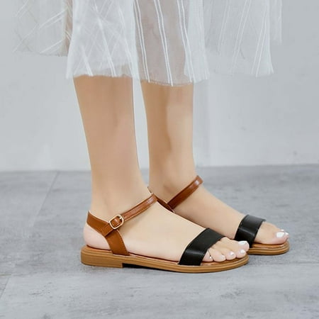 

TUTUnaumb Women s Sandals Size 4.5 Girls Sandals Women Shoes Summer Ladies Fashion Casual Round-toe Sandals Flat Sole Roman Sandals Buckle Sandals Casual Strappy Summer Sandals for Women-Black-35