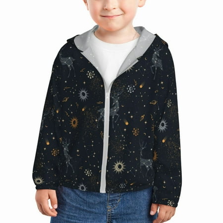 

Rash Guard for Boys Girls - Milky Way Sun Constellation Deer Lightweight Long Sleeve Sun Protection Jacket Hooded Cooling Swim Shirt with Zipper for Toddler Kids Children