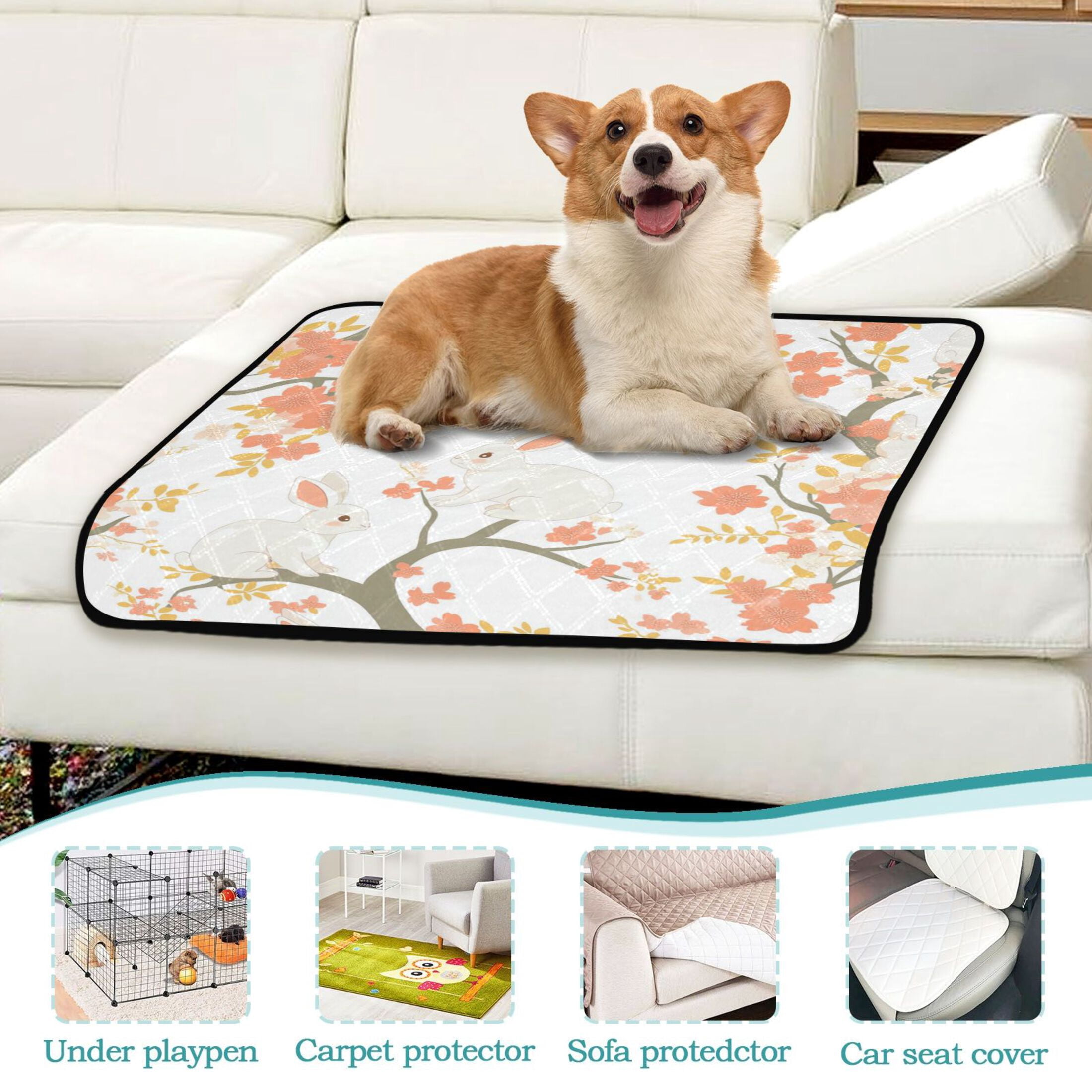 Qxltty Cute Rabbits on Orange Flowers Cat litter Pads Pet Set of 2 Diaper Mats Center Anti-leakage Layer Absorbent Soft and Comfortable