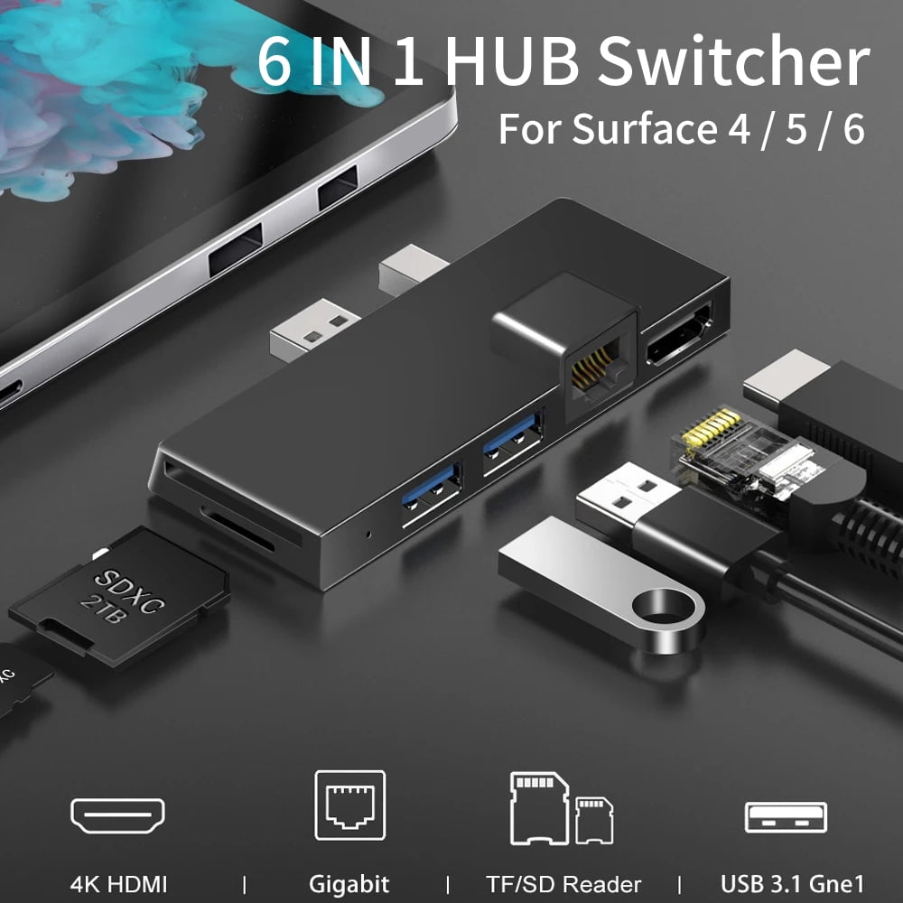 Tom Audreath Opgive en kop USB-C hub for Microsoft Surface pro 6/4/5 6 IN 1 Type-c to 4K HDMI-Adapter/  Gigabit Ethernet /USB3.1/SD TF Hub Splitter - Walmart.com