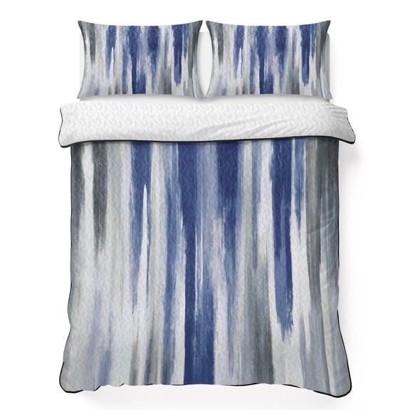 Twin XL Quilt Set 68''x98'', Abstract Navy Blue Lightweight Summer Bedspread Coverlet Set with 2 Pillow Shams, Vintage Grey Street Painting Art Breathable All Season Quilt Bedding for Dorm/Guest Room