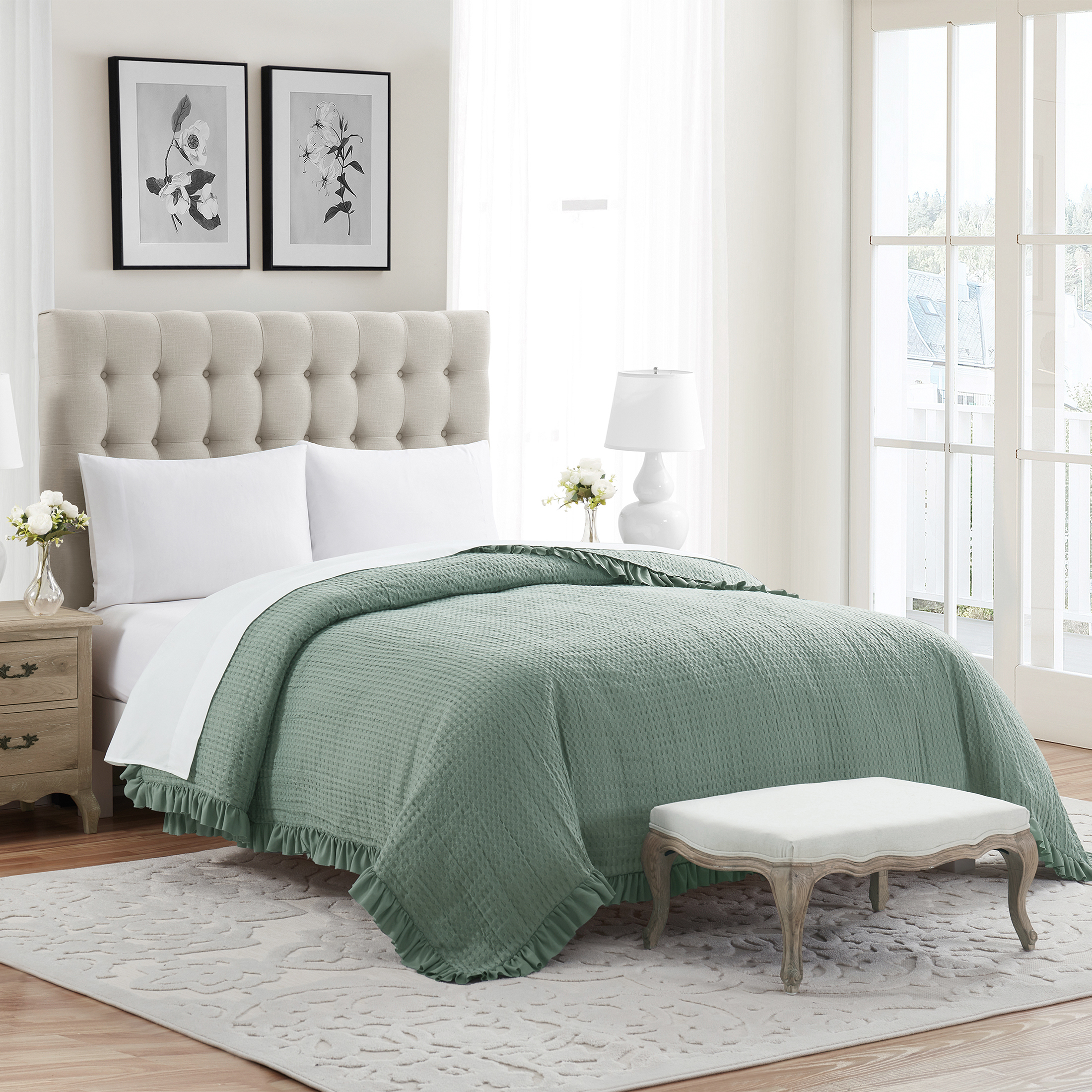 My Texas House Ella Green Waffle Woven Microfiber Bed Blanket, King
