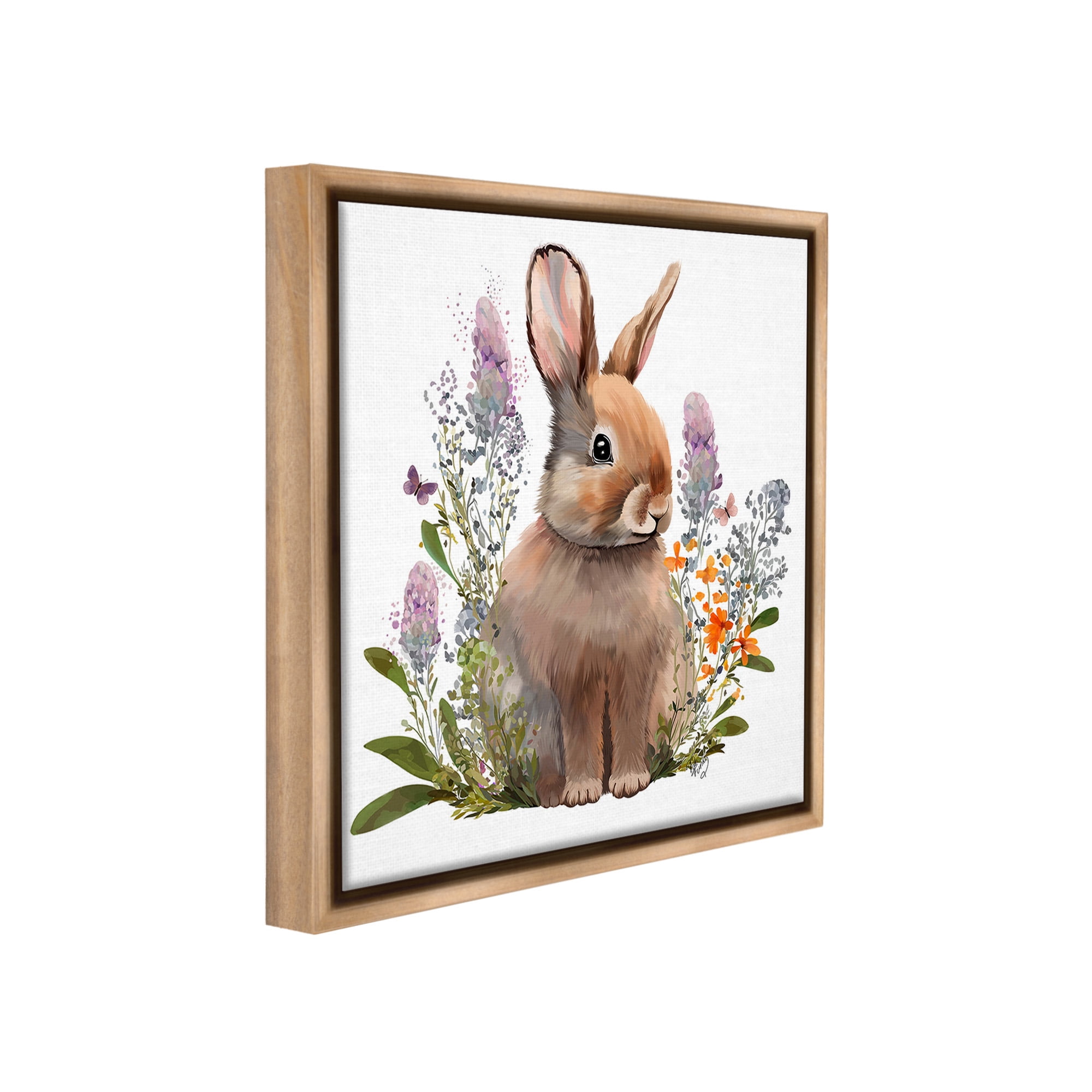 Stupell Industries Brown Bunny with Florals Animals & Insects Painting Brown Floater Framed Canvas Art Print Wall Art, 18 x 18