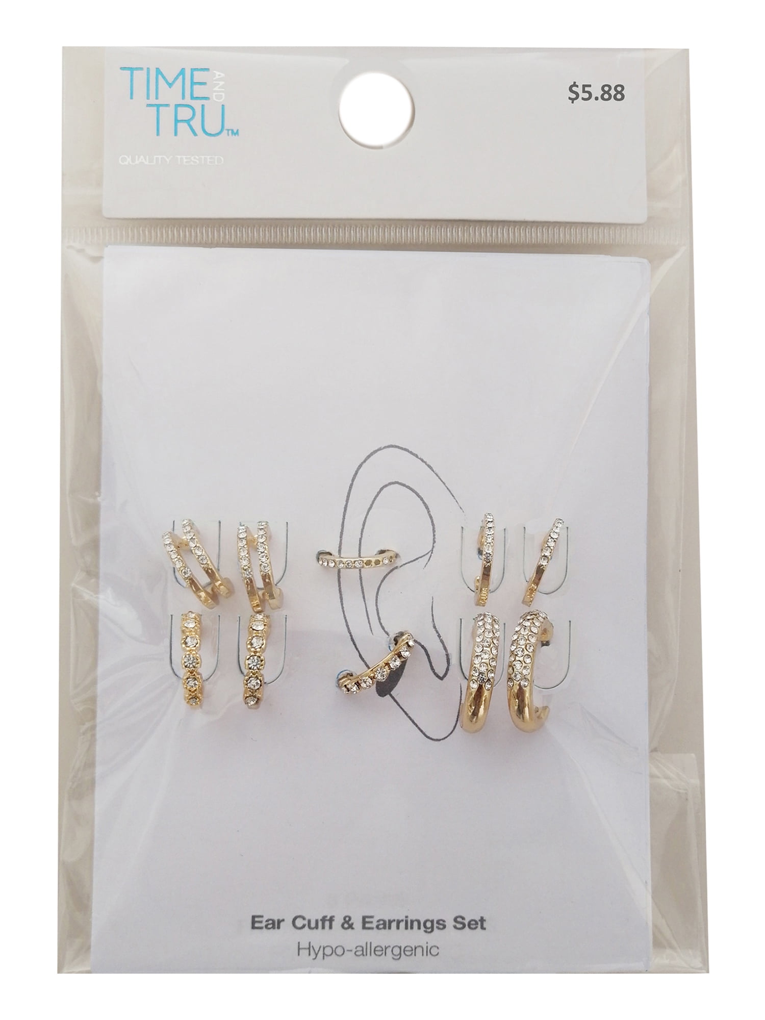 Time and Tru Women's Gold Tone Faux Crystal Hoop Earring Set, 6-Piece