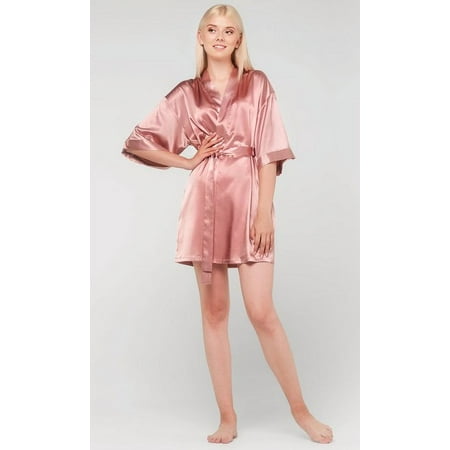 Kimono robes for Women Satin Silk lingerie robe  Short V-Neck For Female Sleepwear Loungewear bridal party bridesmaid wedding - Rose - Medium