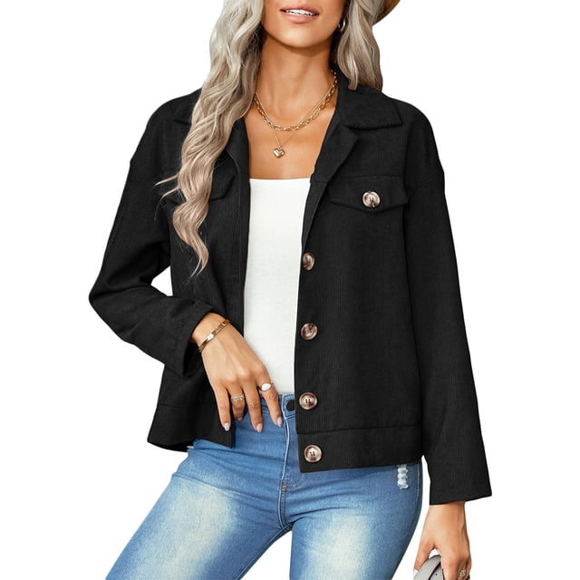 SAYOO Chaqueta de manga larga para mujer, abrigo ajustado con cuello vuelto y botones de color liso, prendas de vestir exteriores informales de estilo callejero simple SAYOO S M L XL