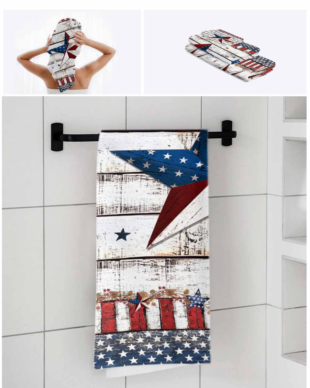 4th of July Star Towel Set of 3, Soft Microfiber Bath Towels, Hand Towel, Washcloths, Independence Day American Flag Quick-Dry Absorbent Towels for Bathroom Kitchen Hotel Beach Gym Spa