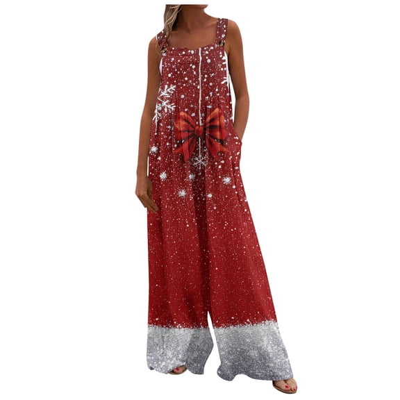 Women's Christmas Print Solid Wide-Leg Strapless Tank Jumpsuit with Pockets, Dark Red, Size L