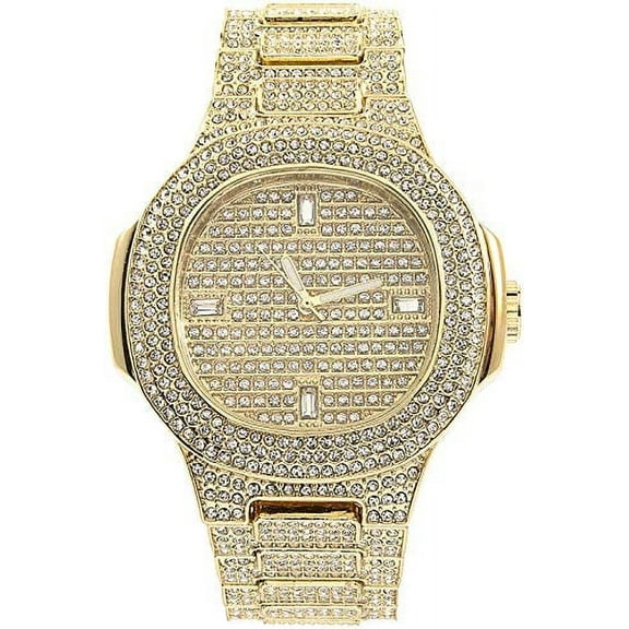 Charles Raymond Blinged Out Oblong Metal Mens Color on Blast Hip Hop Iced Out Wristwatch - 8475Color (8967 Baquette Gold)