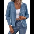 thumbnail image 2 of Cárdigan con Botones y Ribete de Perlas para Mujer, Suéter de Punto con Cuello en V y Larga, Moderno y Versátil. Azul L, 2 of 8