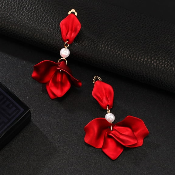 Classy clip on 3" long red petal dangle earrings with a center white pearl