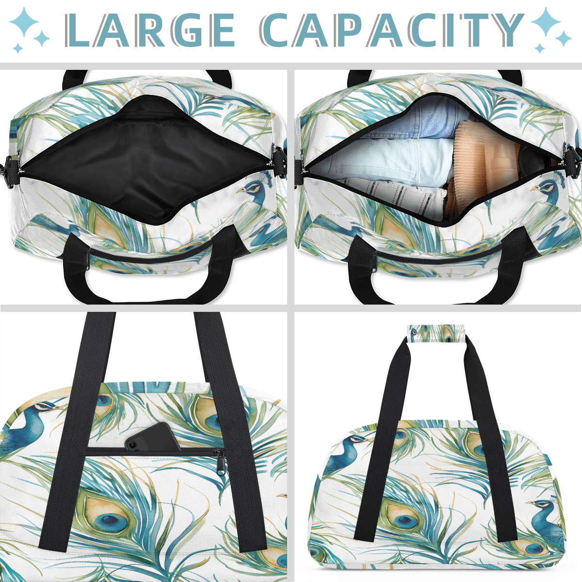 Herdesigns Sports Duffle Bags Travel Duffle Bag Gym Bag Peacock Watercolor Bird Feather Weekender Travel Bag Waterproof Overnight Bag Carry On Travel Tote Bag Dance Bags