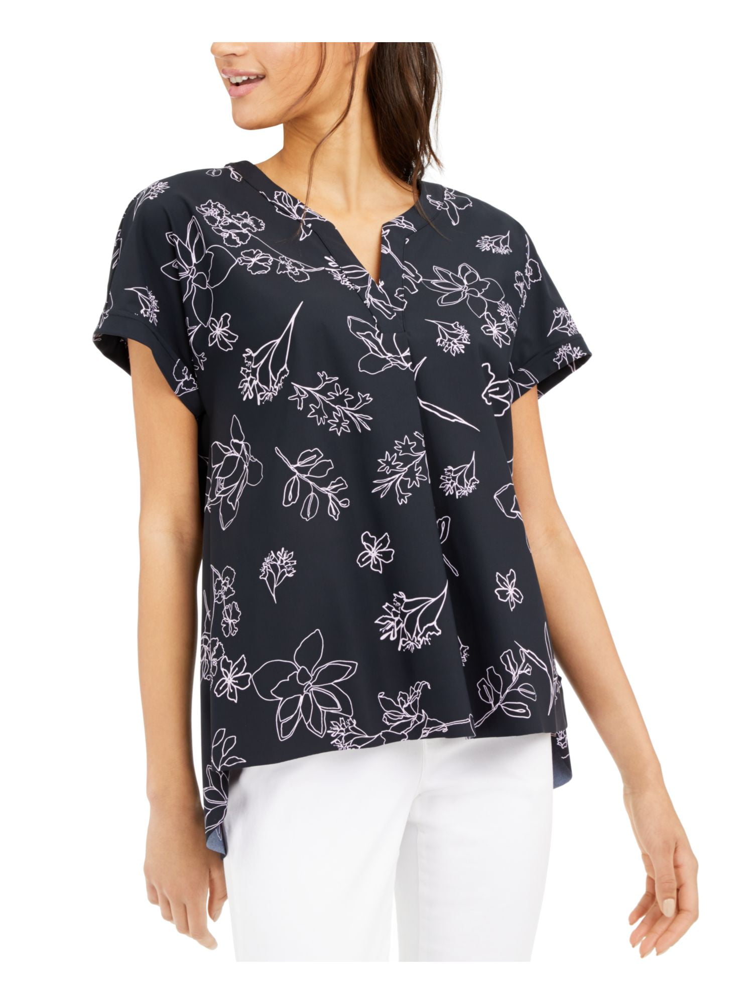 ALFANI Womens Black Floral Short Sleeve 