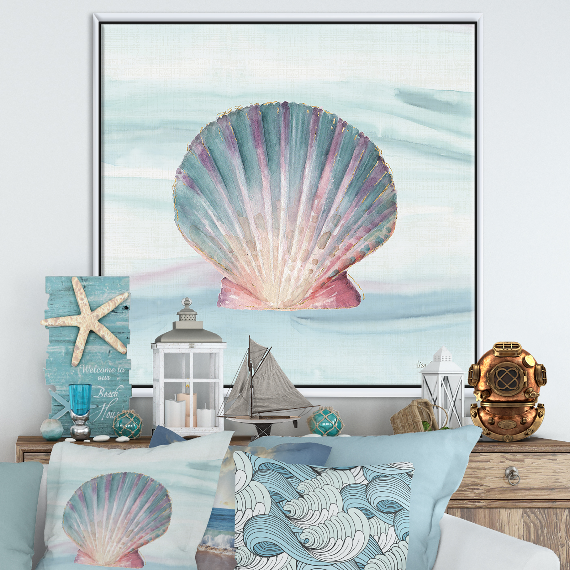 Designart ' Ocean Shell on Blue ' Nautical & Coastal Framed Canvas
