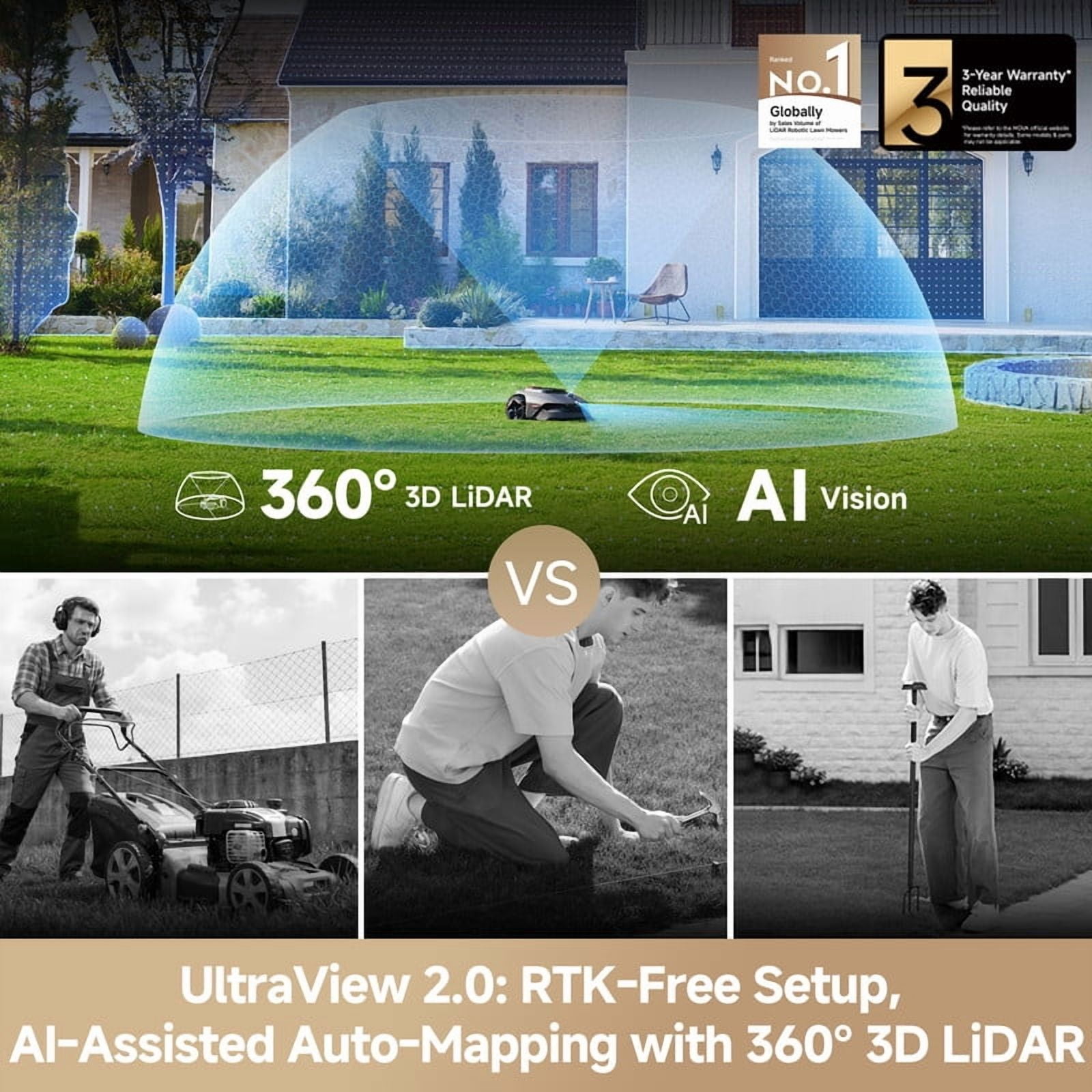 MOVA LiDAX Ultra 1000 Robotic Lawn Mower,Dual Mapping,0.25Acre, Visional Navigation,Edge Cutting, Adjustable Cutting Height, Smart Obstacle Avoidance