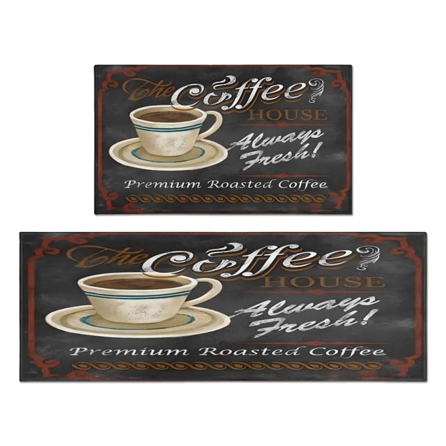 Coffee Black Vintage Pattern Kitchen Mat Set Of 2,Kitchen Rugs Mats with Dirty Resistance,washable,Non-Slip,kitchen Rugs and Mats 17.7x24+17.7x48inch