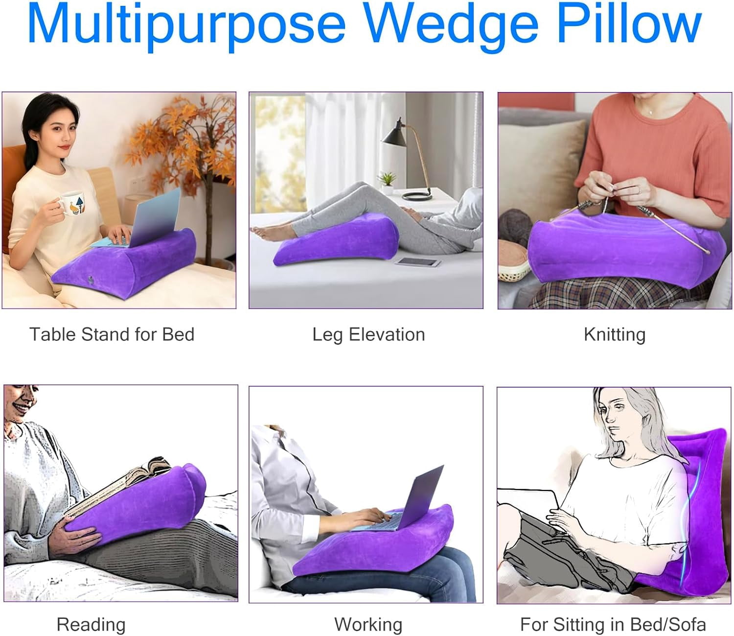 Inflatable Wedge Pillow for Traveling, Lightweight Wedge Pillow for Acid Reflux Relief, Portable Pillow Wedges for Sleeping, Blow Up Travel Pillow for Camping, Back Lumbar Support, Purple