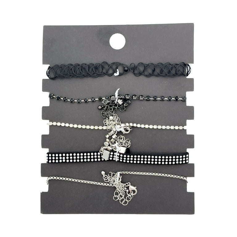No Boundaries Adult Female Necklace Choker Set, 5 Pack, Black Multi Color, Skull and Cross Detail, Stretch, Women's, Grey Type