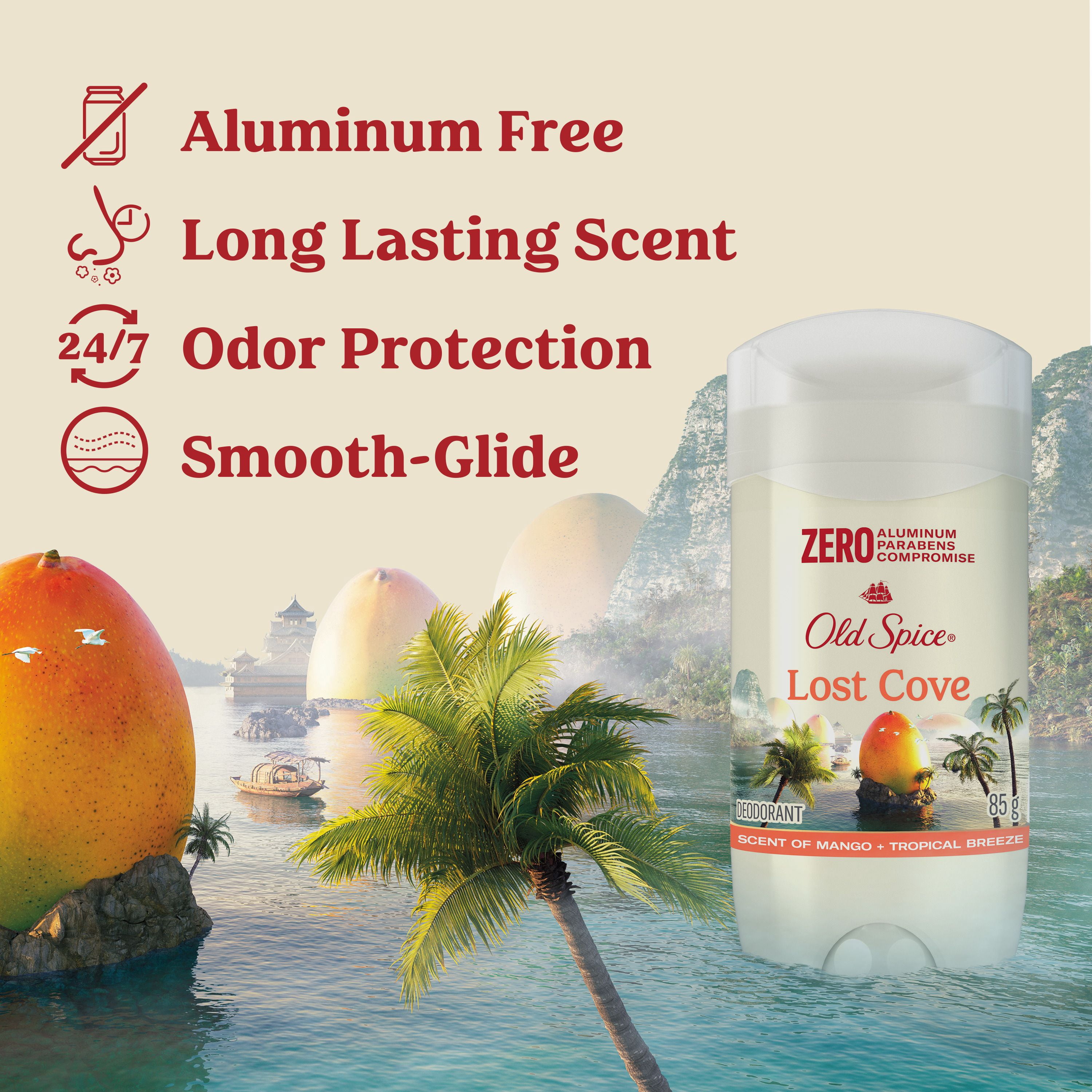 Désodorisant Old Spice pour hommes, Lost Cove, parfum de mangue et brise tropicale, fraîcheur durable 24/7, sans aluminium, 85 g
