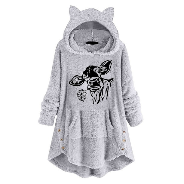 Blusa de mujer Botón de moda Tops de felpa con capucha con bolsillo Tops de invierno sueltos Pompotops FGAJ22818