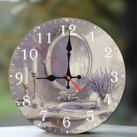 10-Inch Silent Wooden Wall Clock, Lavender Vase Beside Antique Mirror Clock Silent Non-Ticking Clock, Battery Operated (AA Batteries Not Included), Artistic Home Decor