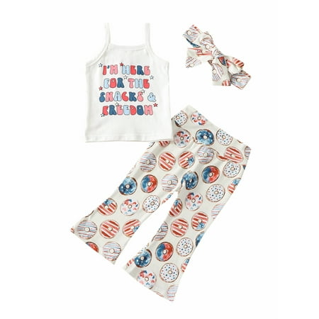 

Qtinghua 4th of July Baby Girl Clothes Sleeveless Tank Top American Flag Bell Bottoms with Headband 3Pcs Outfits Blue 18-24 Months