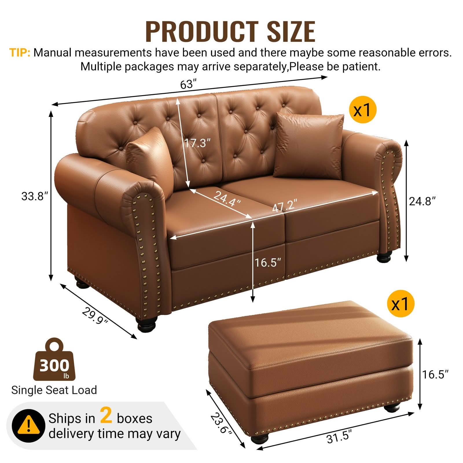MAYEERTY 63" Upholstered Faux Leather Loveseat Sofa with Ottoman, Mid‑Century Modern Chesterfield Couch with Button Tufted, Nailhead Trim & Rolled Armrests, Includes 2 Pillows