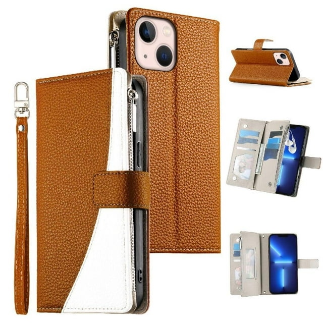 Funda cartera GANGXUN para iPhone 13 Mini , cuero PU con tarjetero, cremallera, correa de mano, soporte y protección 632°