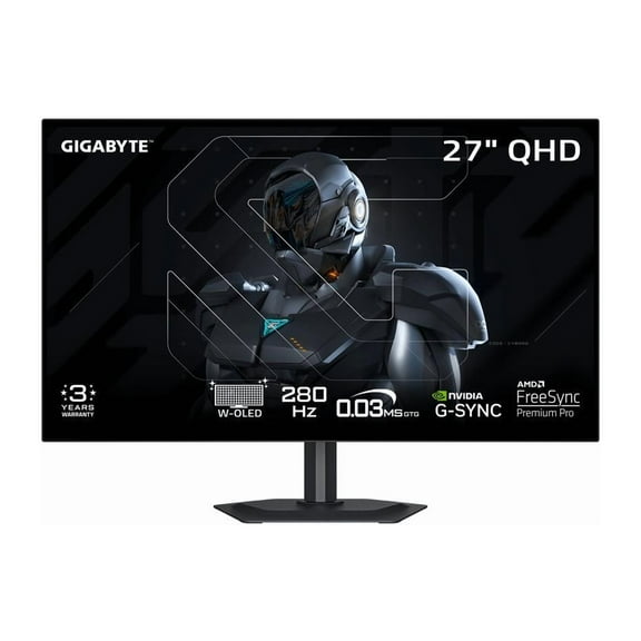 GIGABYTE MO27Q28G 27" W-OLED Gaming Monitor QHD 2560x1440 280Hz 0.03ms GTG - AMD FreeSync Premium Pro, G-SYNC Compatible - Type-C KVM - HDMI, DP, Type-C Height and Tilt Adjustable - Black