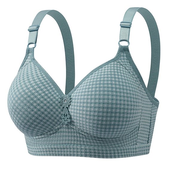 WTOBBY Women's Comfort Underwire Bra: Fashion Thin Moulded Cup with Plaid Pattern Design, Smooth T-Shirt Bra with Three Rows of Adjustable Back Hooks for Perfect Fit,Blue S(38/85)