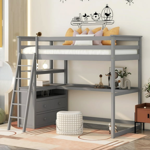 Bellemave Twin Size Loft Bed with Desk and Storage, Wood Loft Bed Frame with Shelves and Built-In Drawers, High Loft Bed for Teens Adults (Gray)