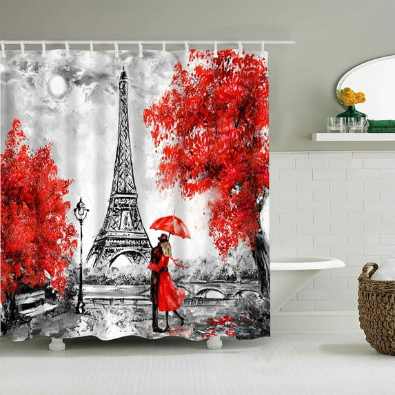 120cm*180cm Paris Love Shower Curtain Polyester 3D Printed Eiffel Tower Couple Red Umbrella Curtain Shower Curtain Free Punch