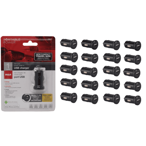 RCA 1.0 Amp 5V USB Charger Car Auto Power Outlet (MINIME) Pack of 20