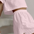 thumbnail image 5 of Tqcoqu Women's Eyelet Embroidery 2 Piece Outfit, Crew Neck Short Sleeve Top & Elastic Waist Split Hem Shorts, Breathable Summer Loungewear Pajama Set for Women﻿,Pink Women's M-XXL, 5 of 5