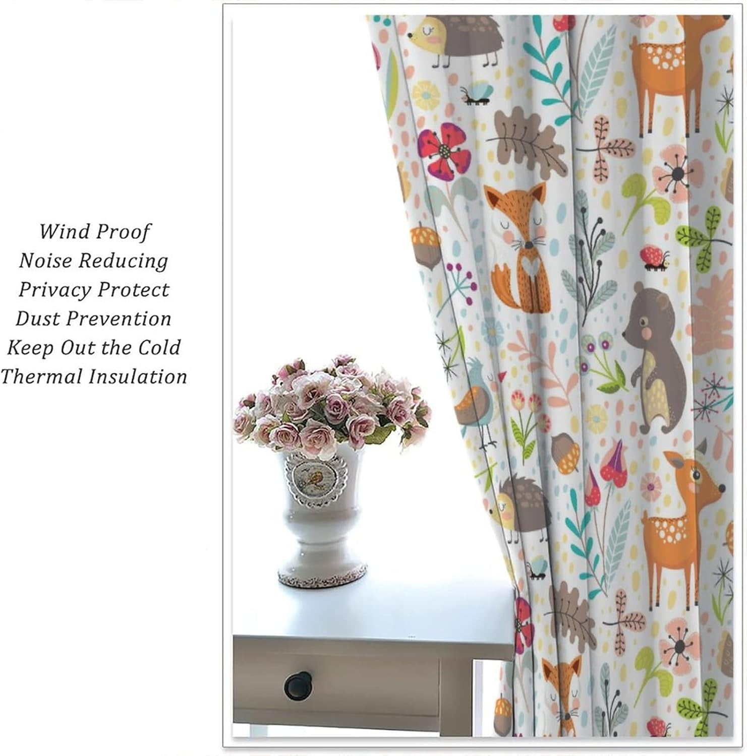 Kids Cartoon Curtains Colorful Cute Funny Forest Animals Fox Hedgehog Bear Deer Art Print for Kids Bedroom Nursery Decor Rod Pocket Blackout Window Drapes 2 Panels 52x84in