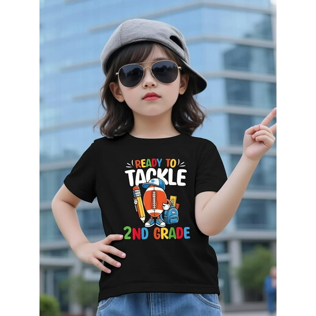 ReaDY to TaCKLe 2nd Grade Cotton Short-Sleeve T-Shirt - Cute Printed Girls' Bottoming Shirt, Summer Round Neck Casual Versatile Little Girl Top, Shirts for Girls, For Teenager
