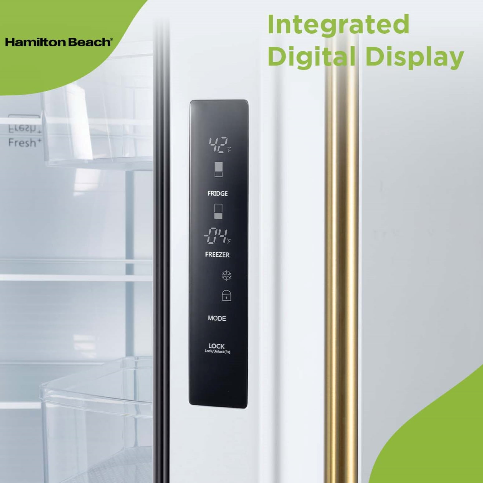 Hamilton Beach 17.7 Cu. ft. Frost Free French Door Refrigerator, Energy Star Rated Fridge with Inverter Compressor, LED Display, 6 Gallon Door Bins, Gold White